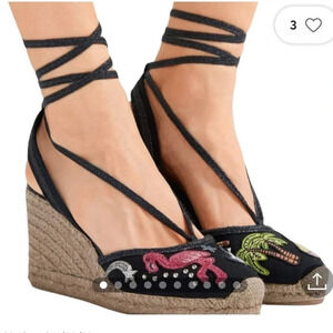 MARC JACOBS Nathalie Crystal & Pearl Embellished Raffia Espadrille Wedges